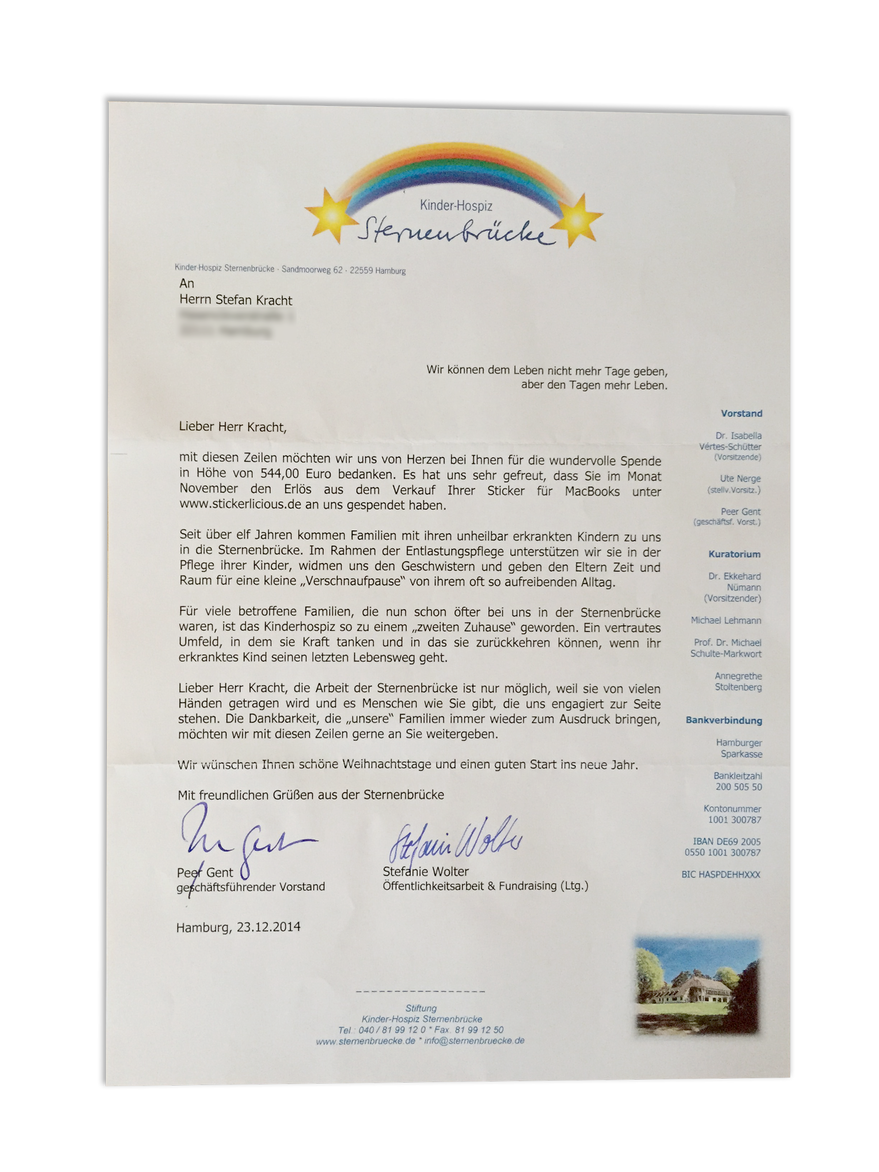 A thank you letter from the children’s hospice Sternenbrücke